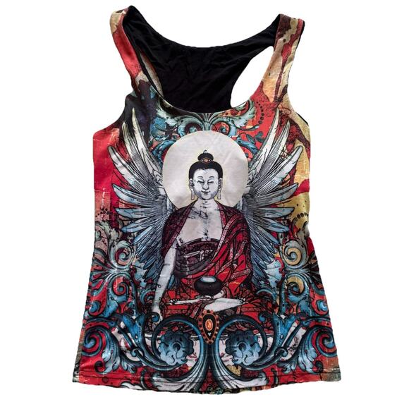 KOS Tops - KOS USA Buddha Graphic Angel Wings Racerback Athletic Tank Top M Tattoo Art Y2K